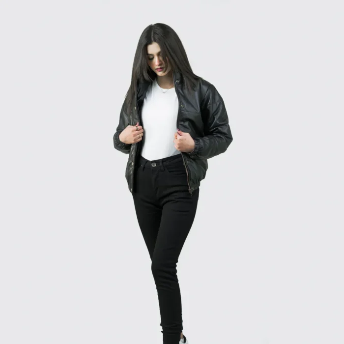 Women Tall Black Motorcycle Leather Jacket - Image 4