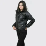 Women Tall Black Motorcycle Leather Jacket - Image 2