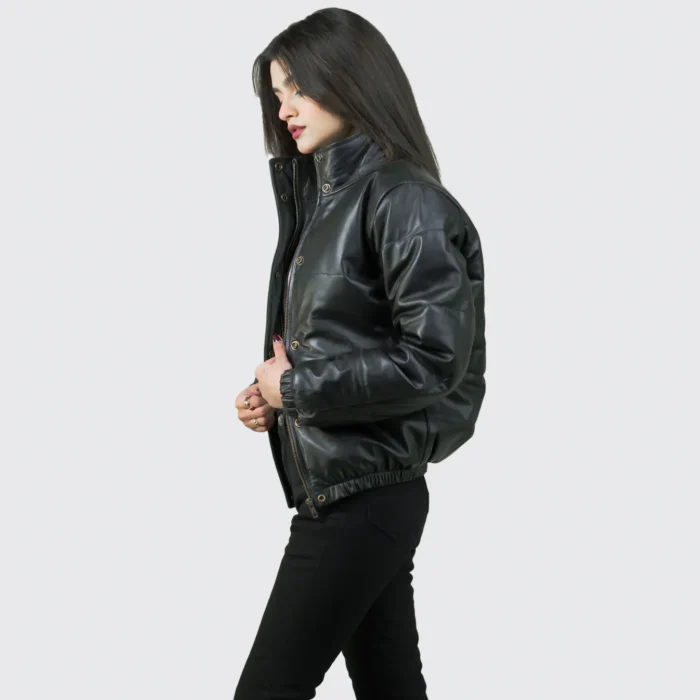 Women Tall Black Motorcycle Leather Jacket - Image 3