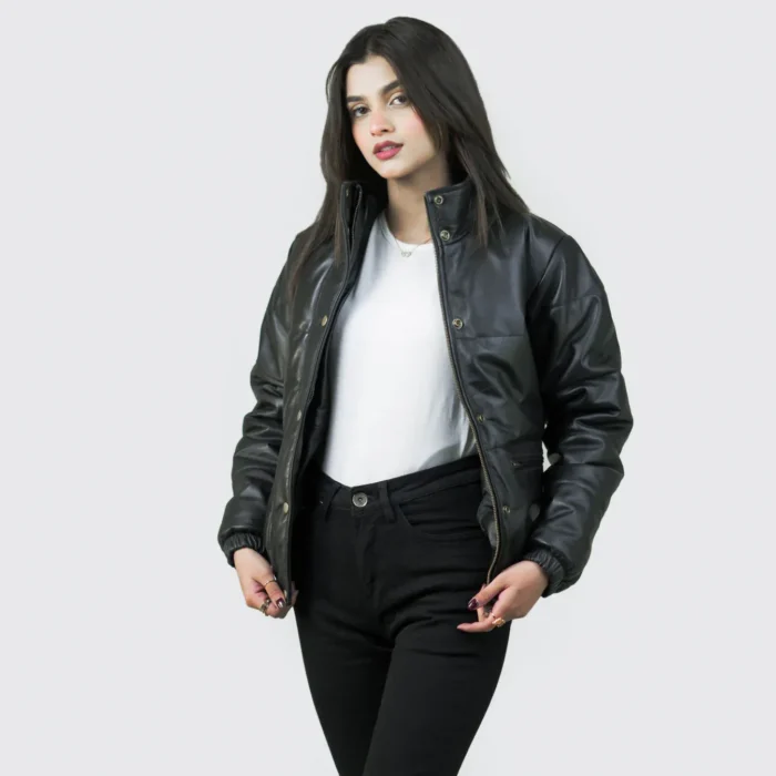 Women Tall Black Motorcycle Leather Jacket - Image 5