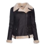 Women Black Leather Faux Fur Shearling Biker Jacket