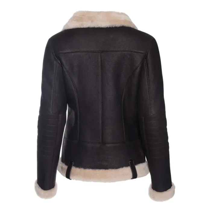 Women Black Leather Faux Fur Shearling Biker Jacket - Image 3