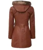 Women Brown Leather Fur Coat Removable Hood - Image 4