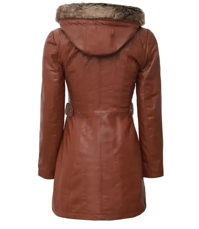 Women Brown Leather Fur Coat Removable Hood - Image 4