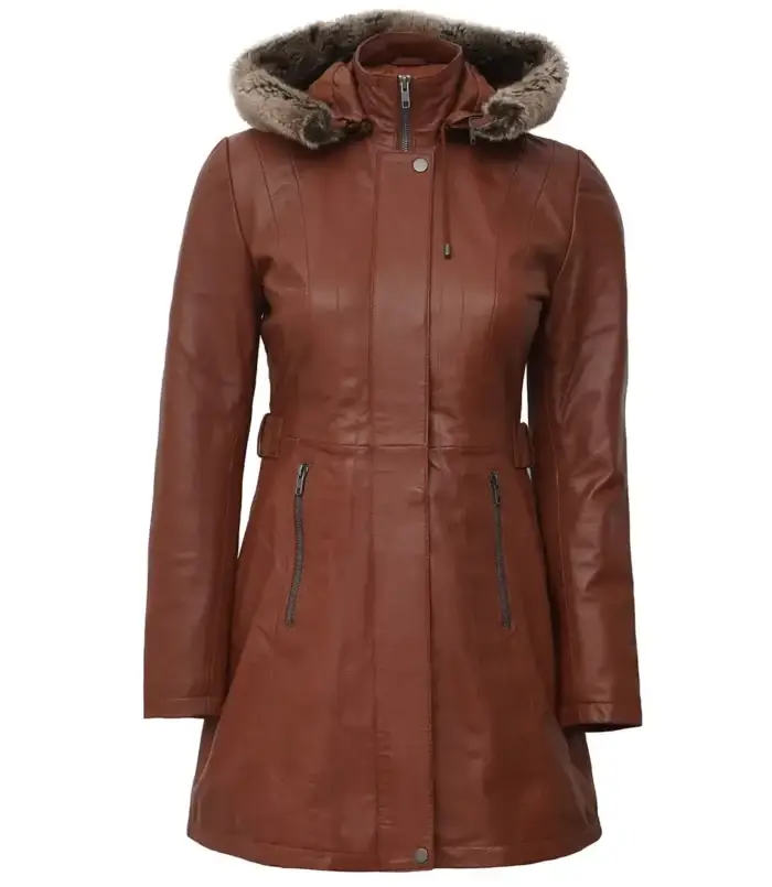 Women Brown Leather Fur Coat Removable Hood - Image 3