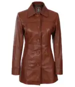 Womens Cognac Brown Leather Car Coat - Image 7