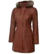 Women Brown Leather Fur Coat Removable Hood - Image 2
