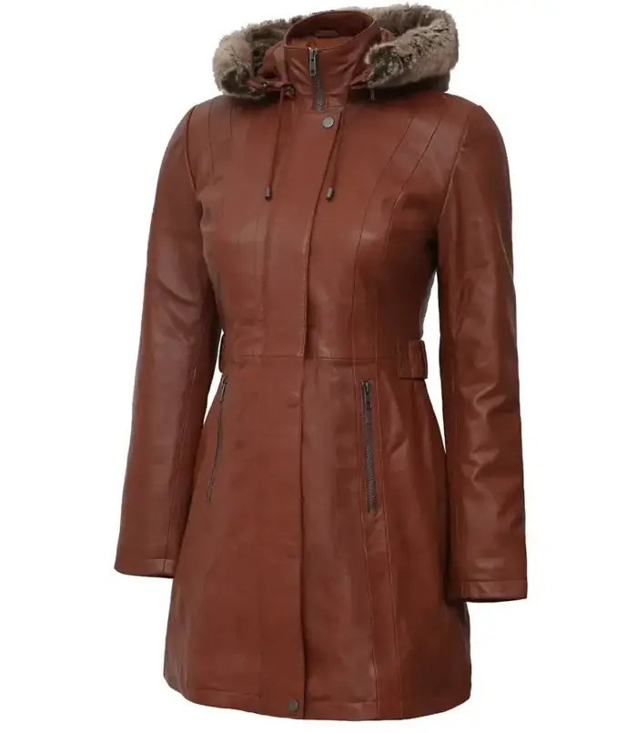 Women Brown Leather Fur Coat Removable Hood - Image 2