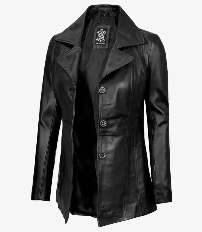 Bitonto Womens Black Leather Coat – 3/4 Length - Image 5