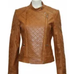 Women Slim Fit Brown Quilted Leather Jacket