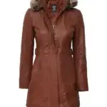 Women Brown Leather Fur Coat Removable Hood