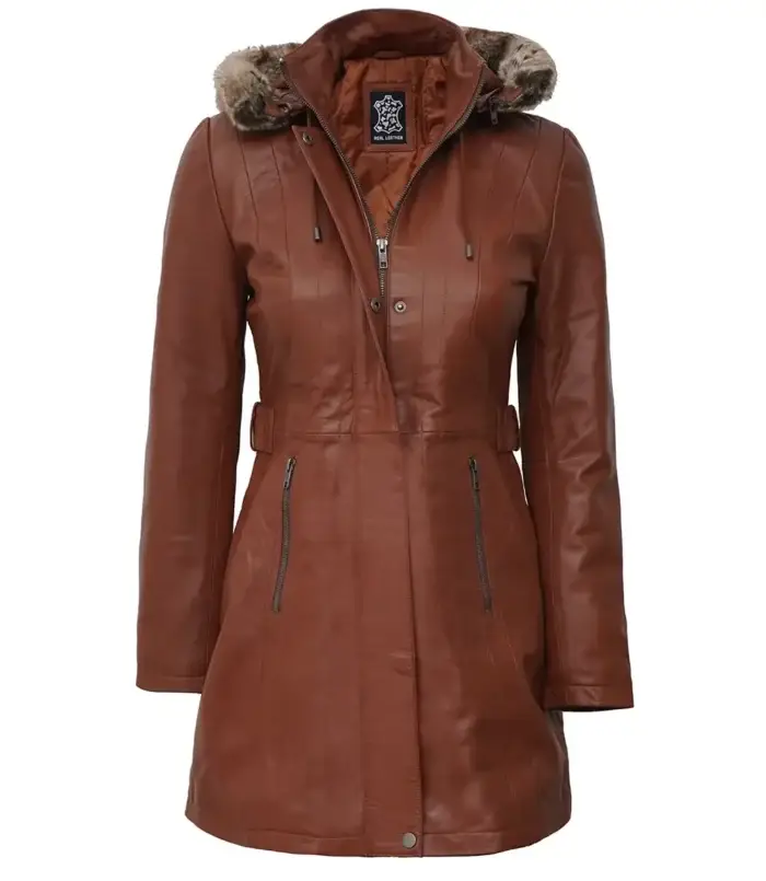 imgi_4_women_brown_leather_coat_with_fur_trim_hood__92341_zoom Women Brown Leather Fur Coat Removable Hood - Image 1