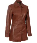Womens Cognac Brown Leather Car Coat - Image 3