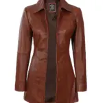 Womens Cognac Brown Leather Car Coat