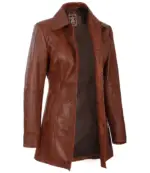 Womens Cognac Brown Leather Car Coat - Image 2