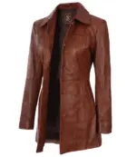 Womens Cognac Brown Leather Car Coat - Image 5