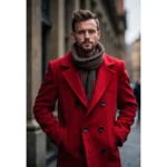 Men’s Red Double Breasted Wool Overcoat Elegant Knee Length Coat - Image 4