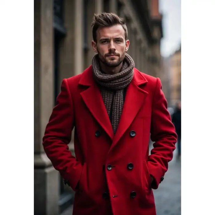 Men’s Red Double Breasted Wool Overcoat Elegant Knee Length Coat - Image 4