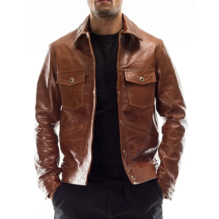Men’s Italian Brown Lambskin Leather Jacket - Image 3