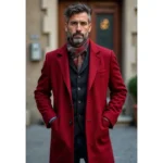 Men’s Red Double Breasted Wool Overcoat Elegant Knee Length Coat - Image 2