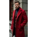 Men’s Red Double Breasted Wool Overcoat Elegant Knee Length Coat - Image 3