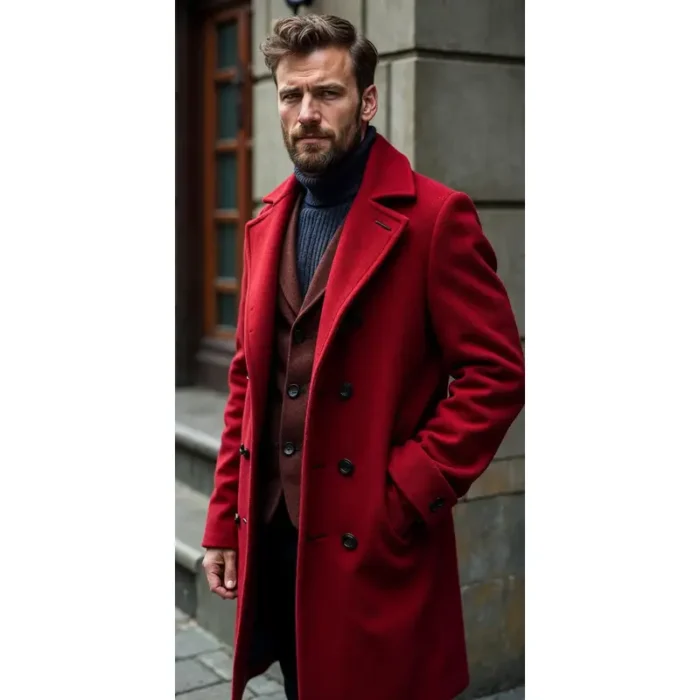 Men’s Red Double Breasted Wool Overcoat Elegant Knee Length Coat - Image 3