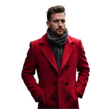 Men’s Red Double-Breasted Wool Overcoat Elegant Knee-Length Coat